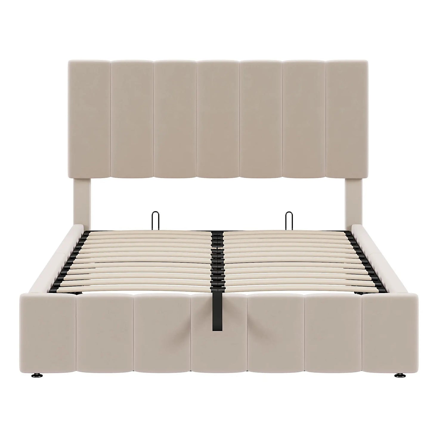Beige upholstered platform bed with hydraulic storage system by Unique Piece Furniture on Tampa Home & Garden Store