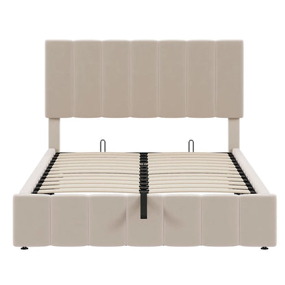 Beige upholstered platform bed with hydraulic storage system by Unique Piece Furniture on Tampa Home & Garden Store