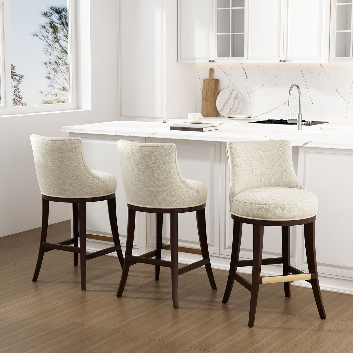 Bar Height Barstool with Backrest beige upholstery, dark brown legs set of 3 on Tampa Home & Garden Store