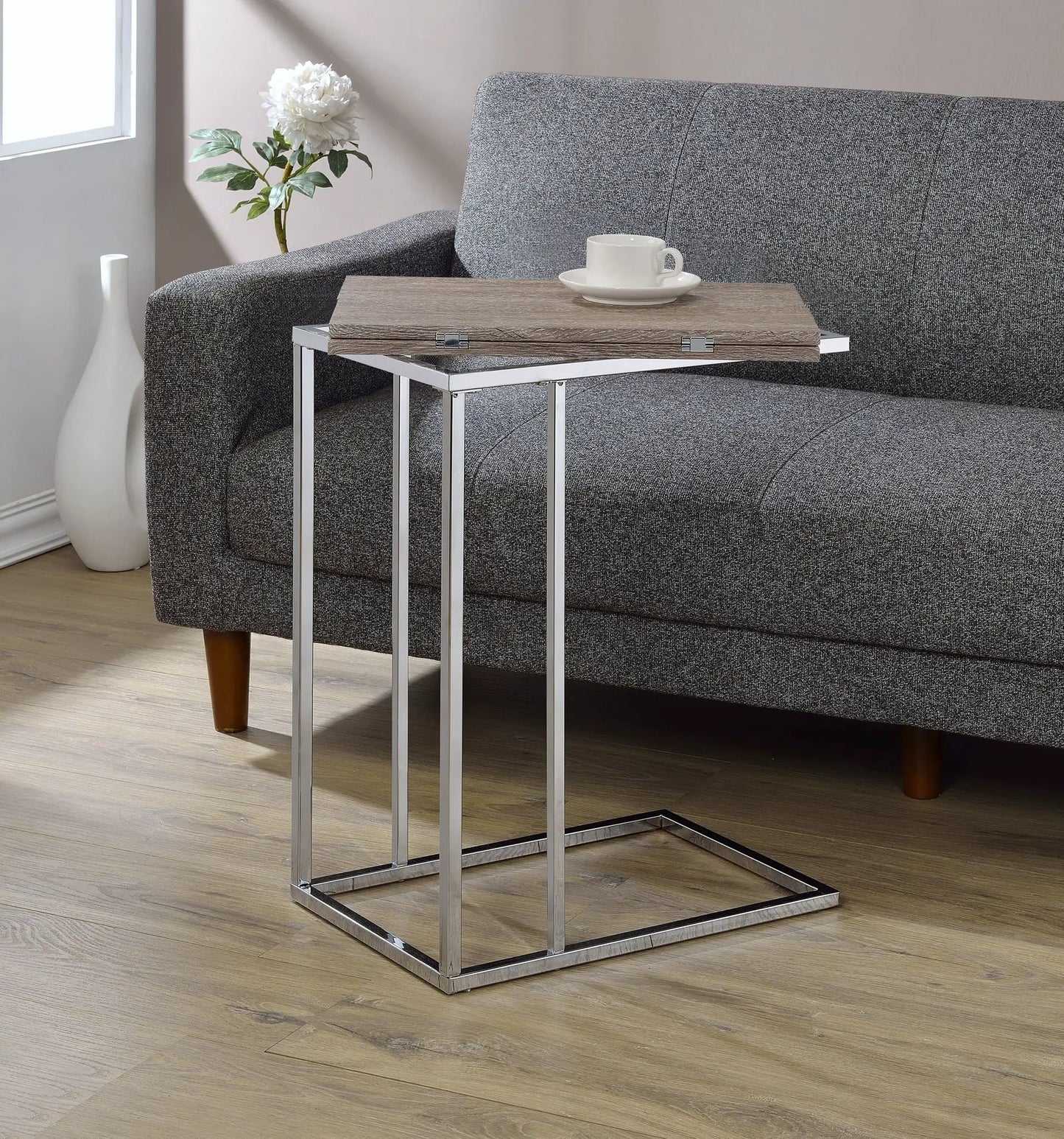 Danson Weathered Oak Accent Table with metal frame on Tampa Home & Garden Store