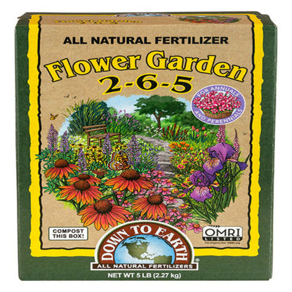 Down To Earth Flower Garden 2-6-5 all natural fertilizer box with colorful garden illustration on Tampa Home & Garden Store