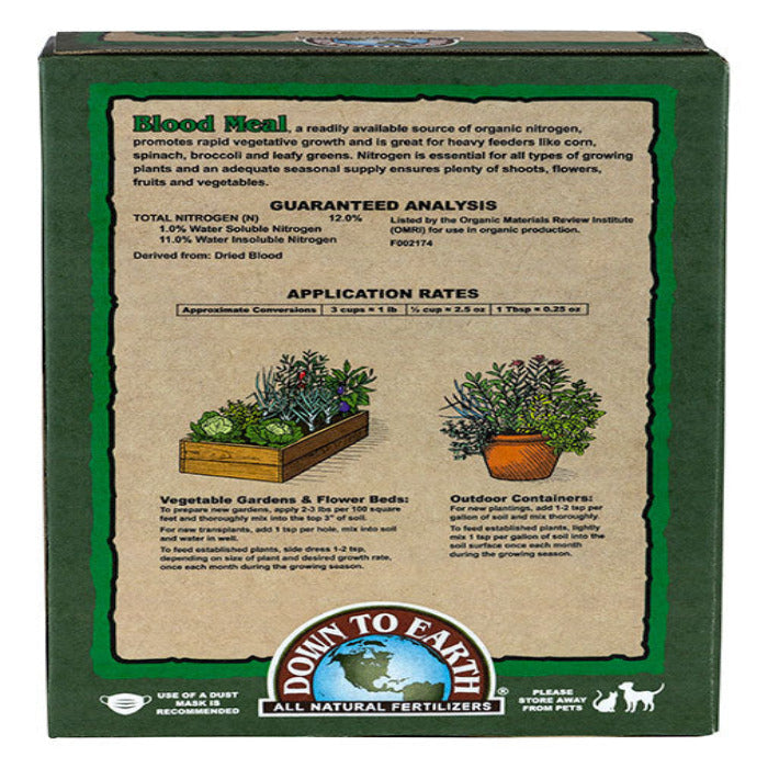 Down To Earth Blood Meal 12-0-0 fertilizer box by Rivendell Distribution; green packaging on Tampa Home & Garden Store