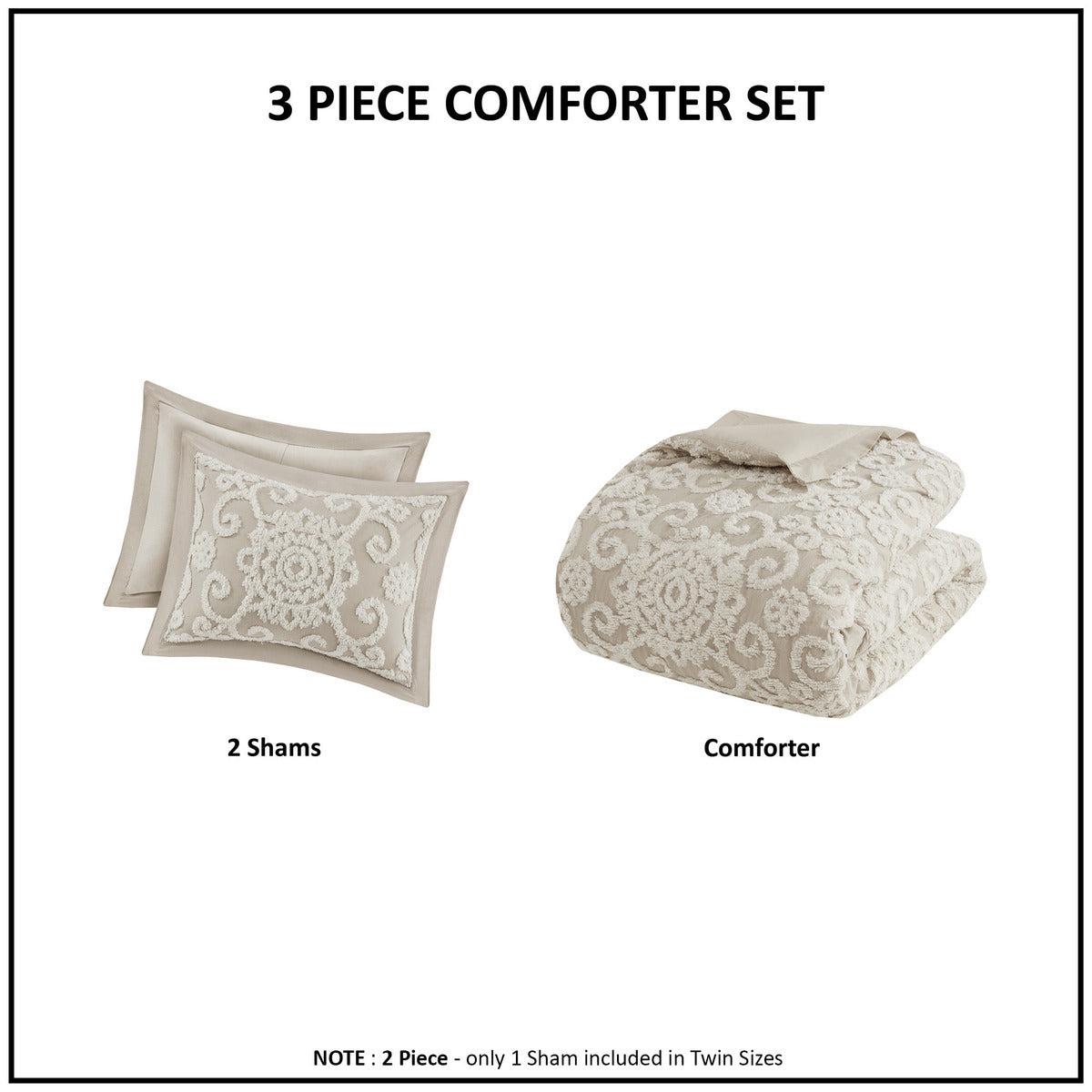 Cotton Comforter Mini Set Taupe King with 2 shams and textured damask comforter HouseOfZazla on Tampa Home & Garden Store