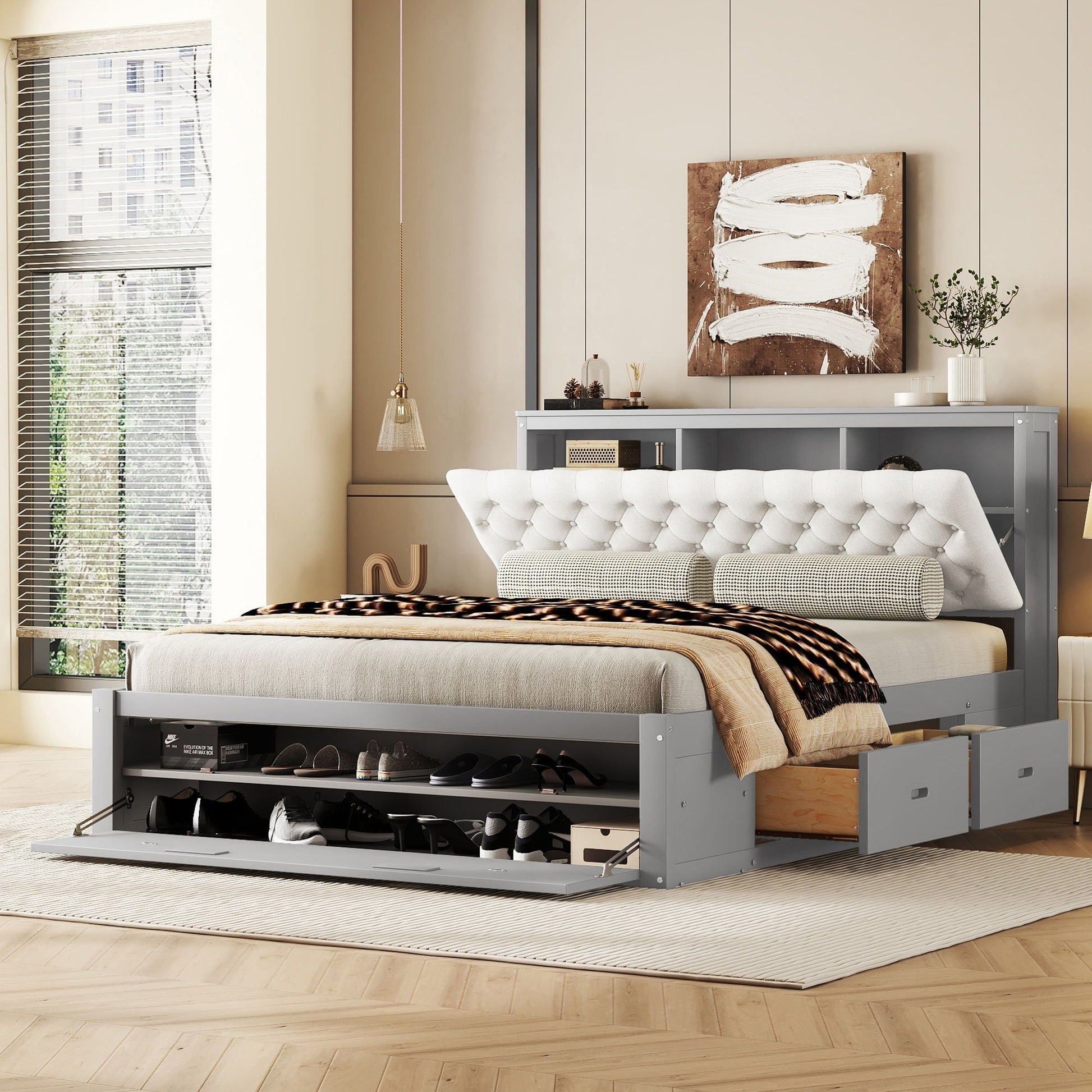 Platform bed with storage headboard, shoe rack and 4 drawers in grey by HouseOfZazla on Tampa Home & Garden Store