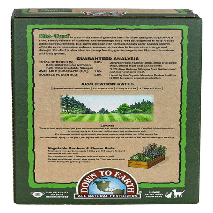 Down to Earth Bio-Turf fertilizer & amendments box with Rivendell Distribution branding on Tampa Home & Garden Store