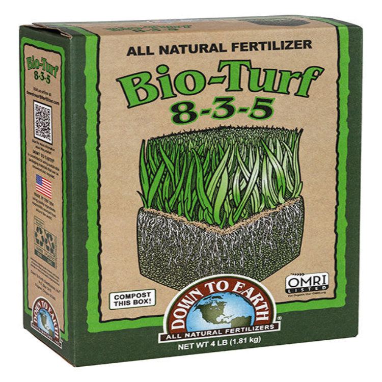 Bio-Turf 8-3-5 all natural fertilizer box with green tan design and Down To Earth logo Rivendell Distribution on Tampa Home & Garden Store