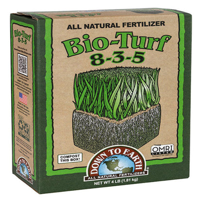 Bio-Turf 8-3-5 all natural fertilizer box with green tan design and Down To Earth logo Rivendell Distribution on Tampa Home & Garden Store