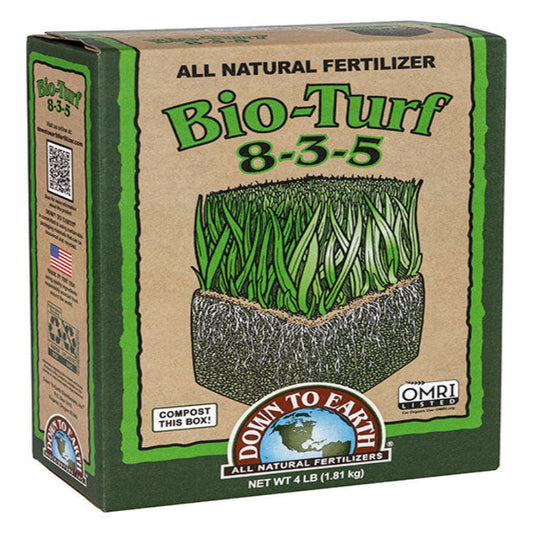 Bio-Turf 8-3-5 all natural fertilizer box with green tan design and Down To Earth logo Rivendell Distribution on Tampa Home & Garden Store