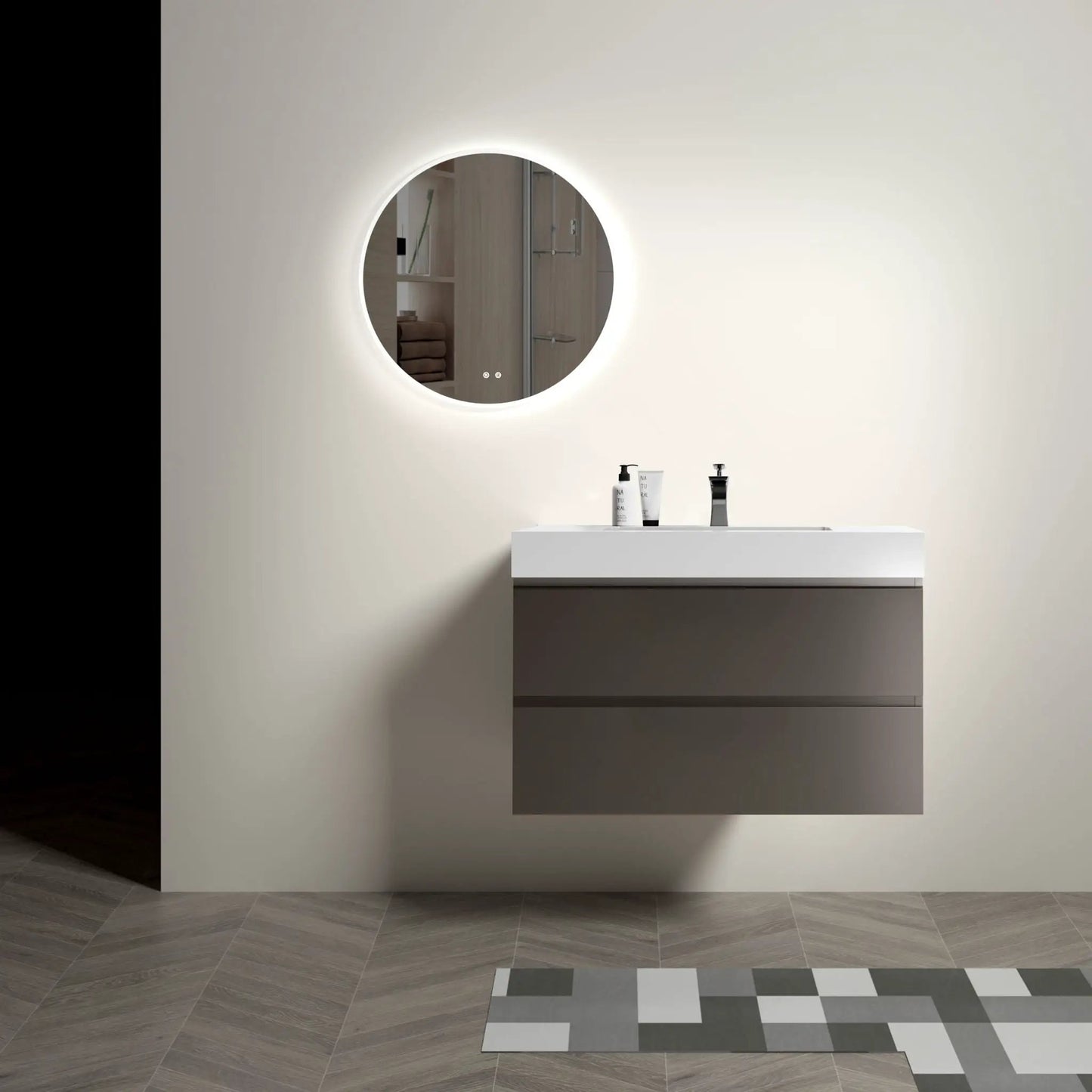 Alice floating wall-mounted vanity with white sink, large storage, round backlit mirror on Tampa Home & Garden Store