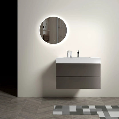 Alice floating wall-mounted vanity with white sink, large storage, round backlit mirror on Tampa Home & Garden Store