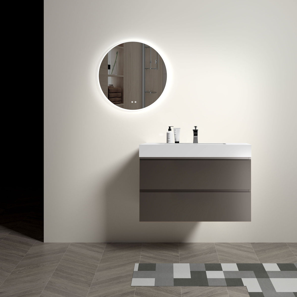 Alice bathroom vanity with sink, white countertop, gray floating cabinet, round LED mirror on Tampa Home & Garden Store