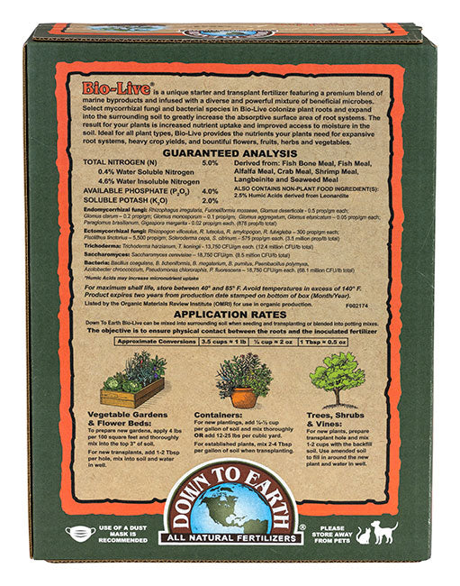Down To Earth Bio-Live 5-4-2 fertilizer; Rivendell Dist. green box with orange border on Tampa Home & Garden Store
