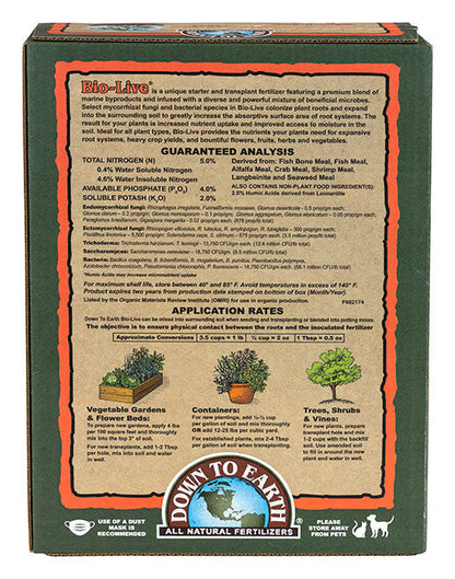 Down To Earth Bio-Live 5-4-2 fertilizer; Rivendell Dist. green box with orange border on Tampa Home & Garden Store