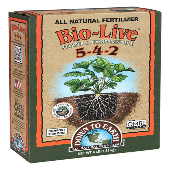 Bio-Live all natural fertilizer 5-4-2 starter & transplant mix box with plant illustration on Tampa Home & Garden Store