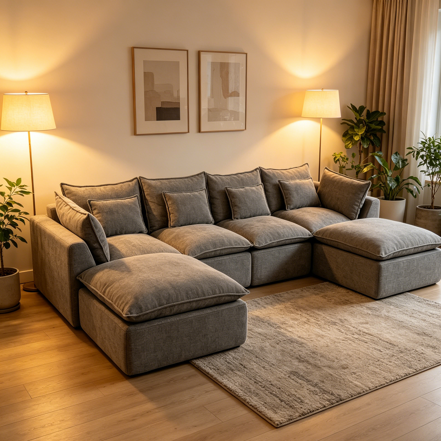 129.8-inch width modular sectional sofa in gray fabric with 2 ottomans, HouseOfZazla on Tampa Home & Garden Store