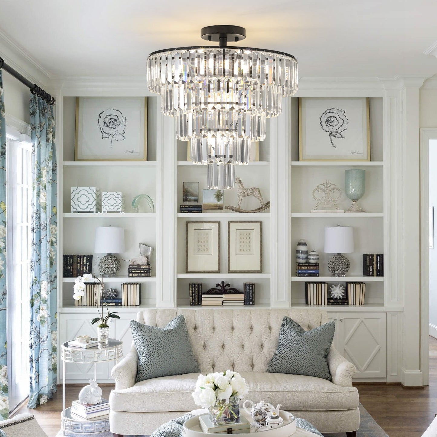 20in Black Crystal Chandelier Ceiling Light by HouseOfZazla with cascading prisms on Tampa Home & Garden Store