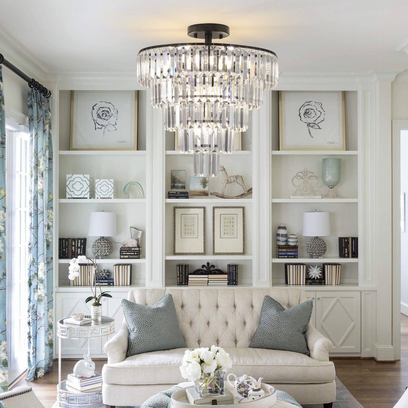20in Black Crystal Chandelier Ceiling Light by HouseOfZazla with cascading prisms on Tampa Home & Garden Store