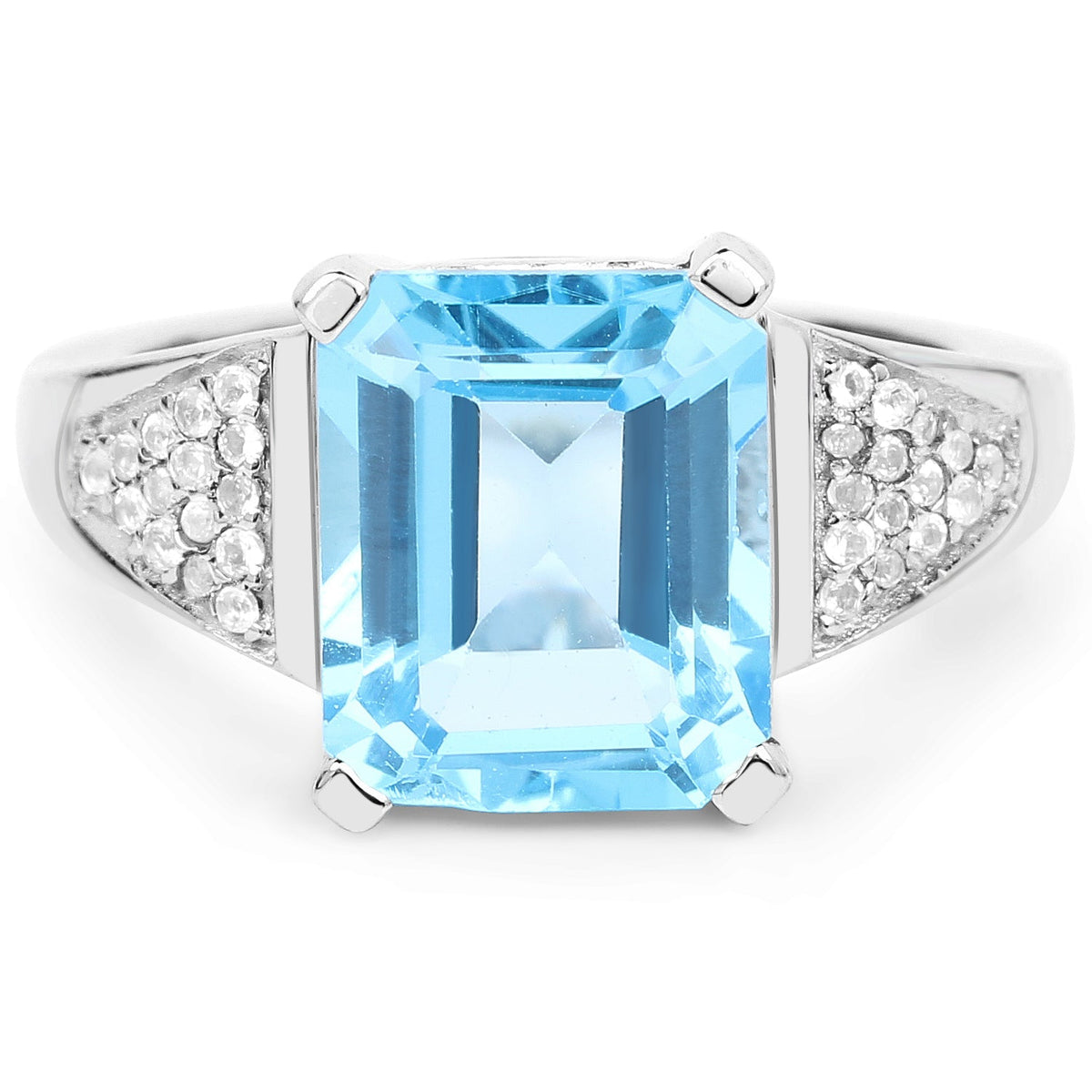 Sterling silver ring with 5.75ct emerald-cut Swiss blue topaz and white topaz accents on Tampa Home & Garden Store