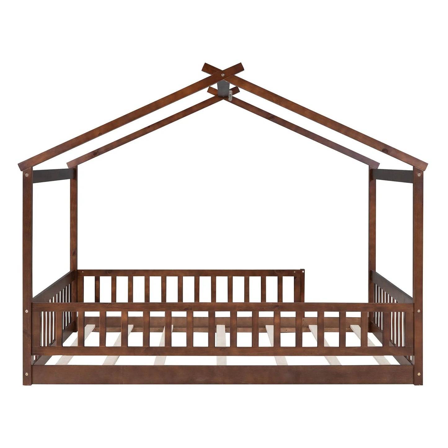 Bed House Bed Frame With Fence, dark brown wooden canopy bed with slatted sides on Tampa Home & Garden Store