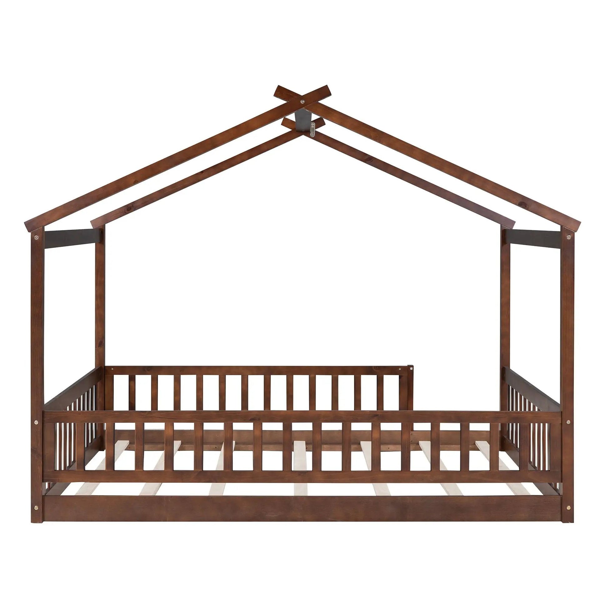 Bed House Bed Frame With Fence, dark brown wooden canopy bed with slatted sides on Tampa Home & Garden Store