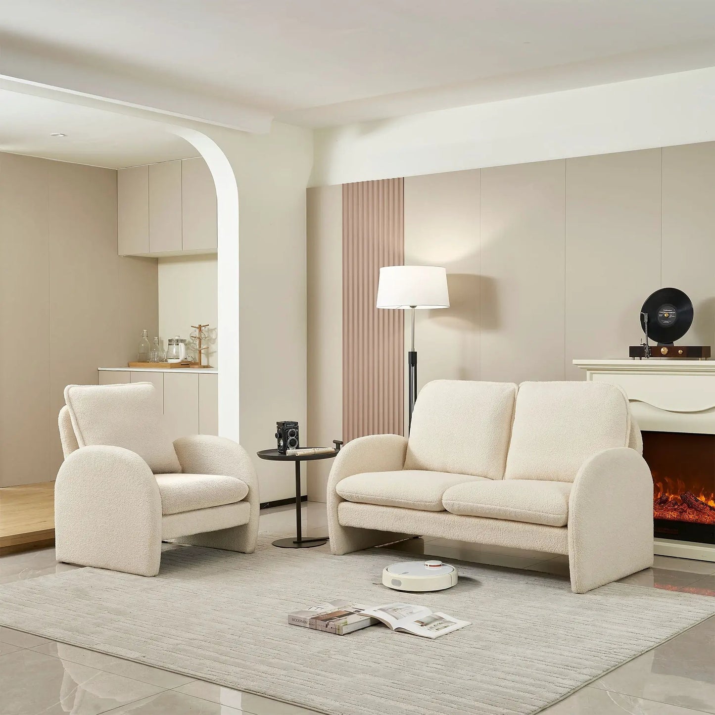 Cream sherpa loveseat sofa for living room; compact plush seating in a modern beige room on Tampa Home & Garden Store