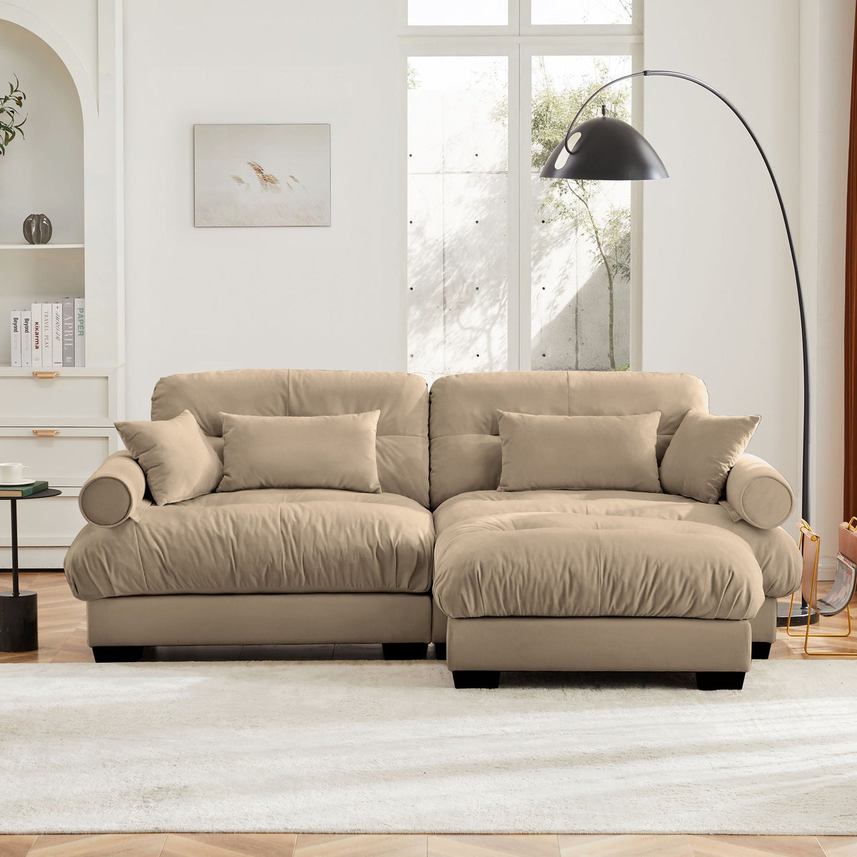Modern beige sectional sofa with ottoman; round bolster arms, 2-piece set by HouseOfZazla on Tampa Home & Garden Store