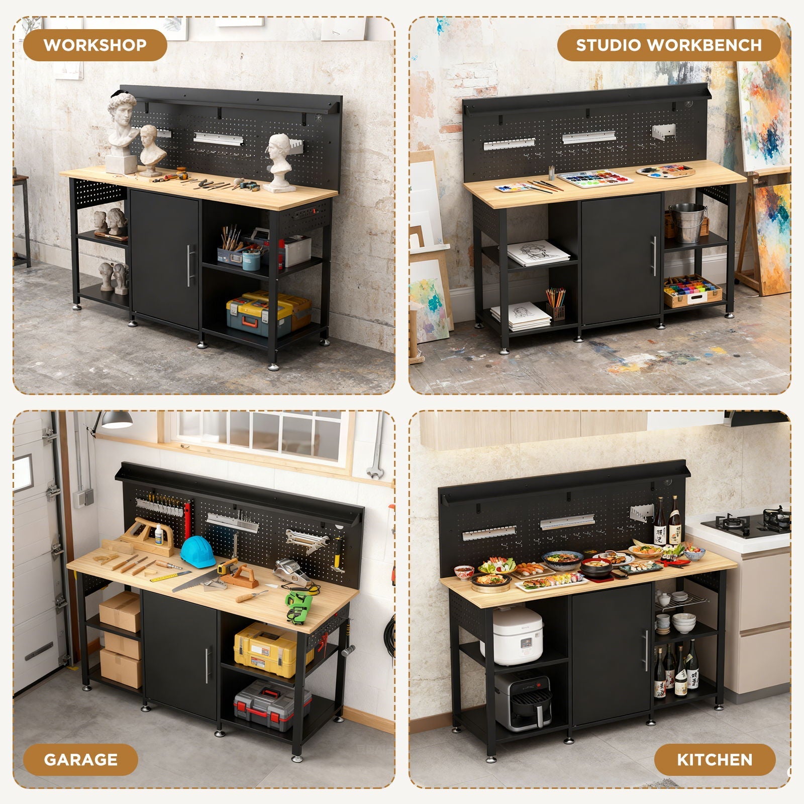 Workbench with pegboard, storage cabinet and shelves in black by HouseOfZazla hook bench on Tampa Home & Garden Store