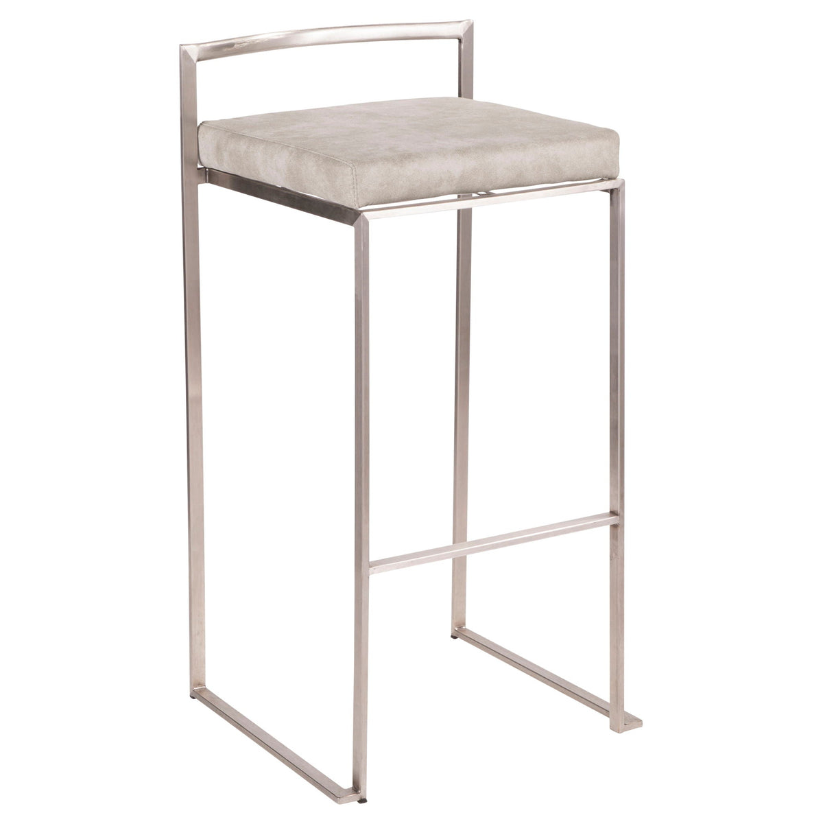 Contemporary stackable barstool with padded light gray seat and stainless steel frame on Tampa Home & Garden Store