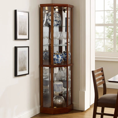 6-Shelf Lighted Corner Curio Cabinet with tempered glass shelves and mirror back wood finish on Tampa Home & Garden Store
