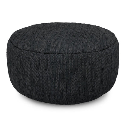 Black leather round pouf Fredrik with dense bead support by HouseOfZazla on Tampa Home & Garden Store