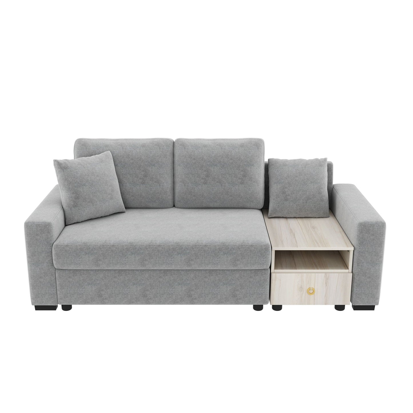 Modular Sofa Couch With Storage Armrest And Center Console in gray fabric with wood side cabinet on Tampa Home & Garden Store