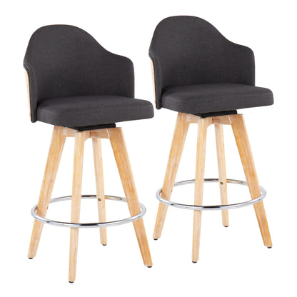Pair of fixed-height counter stools in dark gray fabric with bamboo backs and swivel on Tampa Home & Garden Store