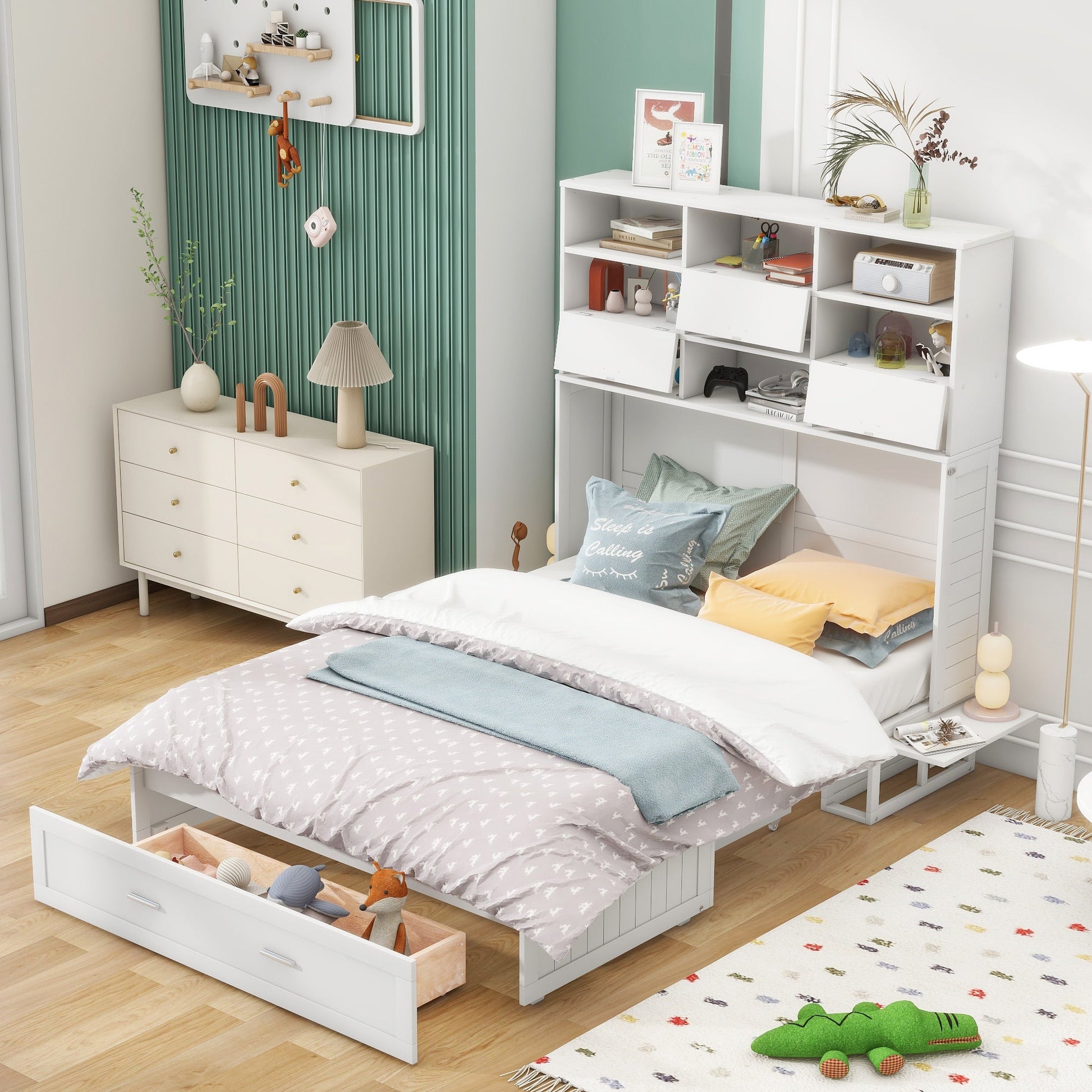 ueen Size Murphy Bed with Bookcase, Bedside Shelves and a Big Drawer, White - Tampa Home & Garden Store