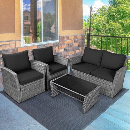 Juego de muebles de ratán para patio de 4 piezas con sofá, mesa con estante de almacenamiento y cojines - Negro