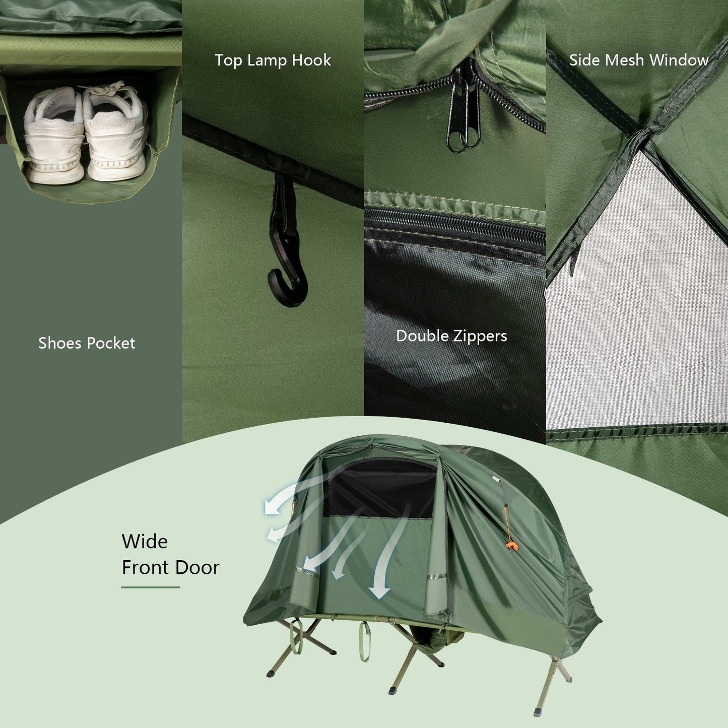 GemGear Cot Elevated Compact Tent Set with External Cover in green shown with wide front door on Tampa Home & Garden Store