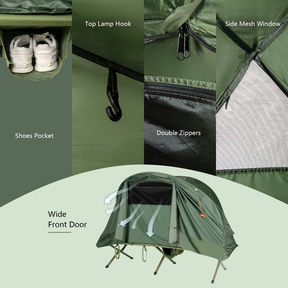 GemGear Cot Elevated Compact Tent Set with External Cover in green shown with wide front door on Tampa Home & Garden Store