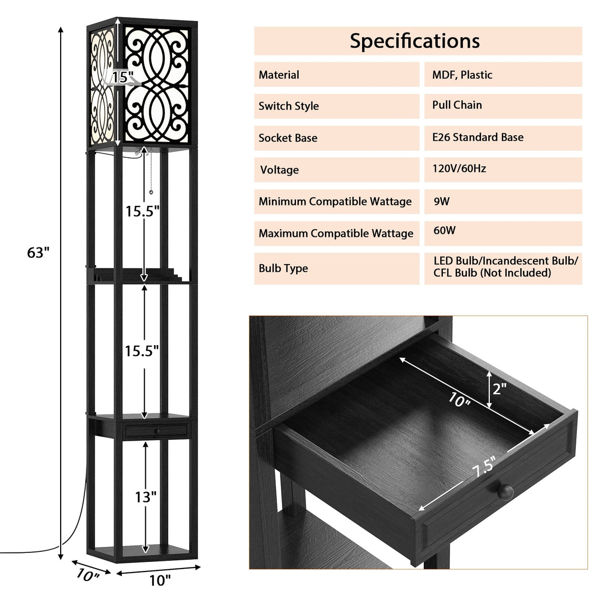 Modern Standing Shelf Lamp with 1 Power Outlet and 2 USB Ports, black metal frame DirectDeals on Tampa Home & Garden Store