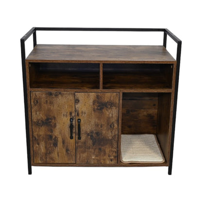 Rustic Cat House dark brown wood cabinet with black metal frame, shelves and cat bed nook on Tampa Home & Garden Store