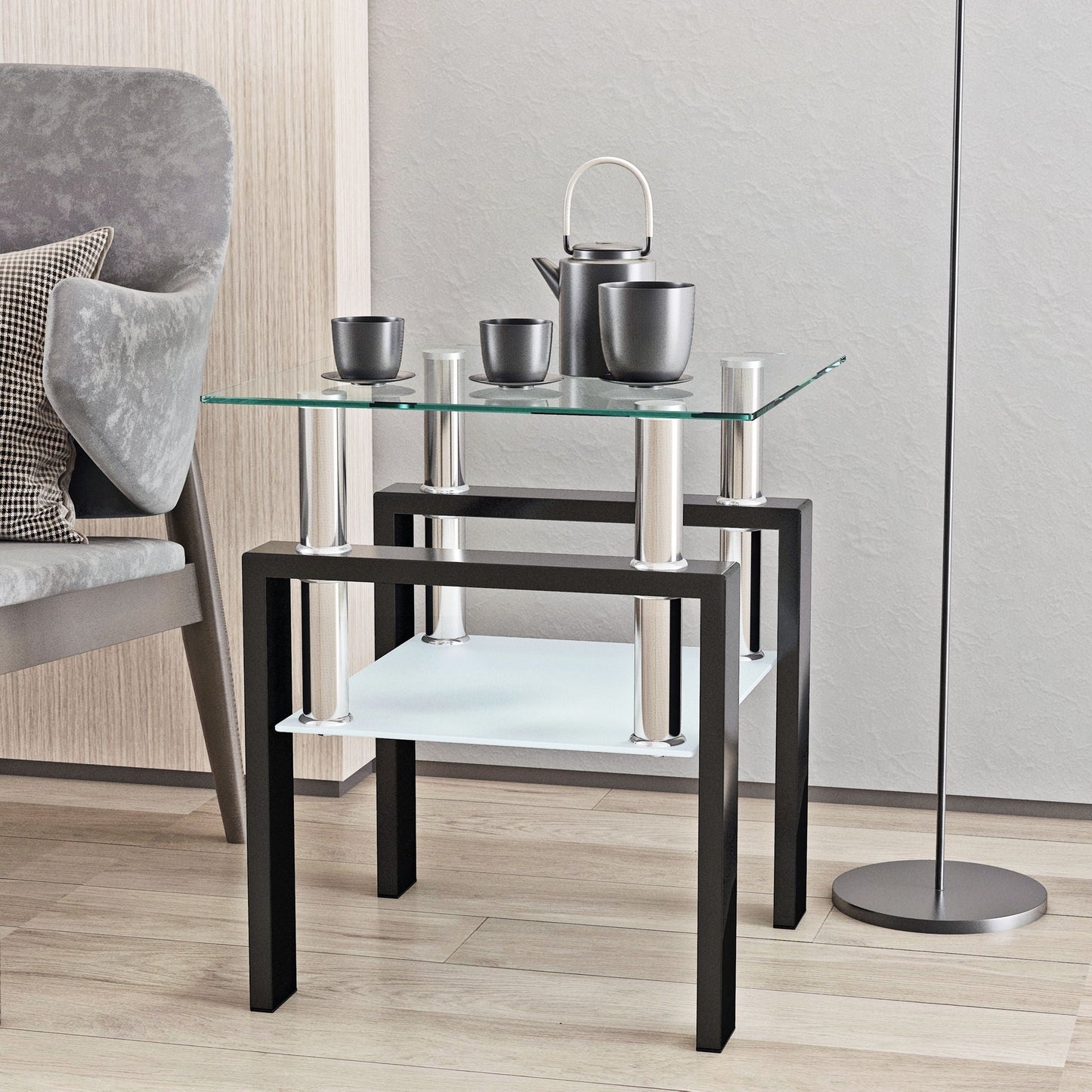 Modern tempered glass end square table with chrome pillars and black frame, white shelf on Tampa Home & Garden Store