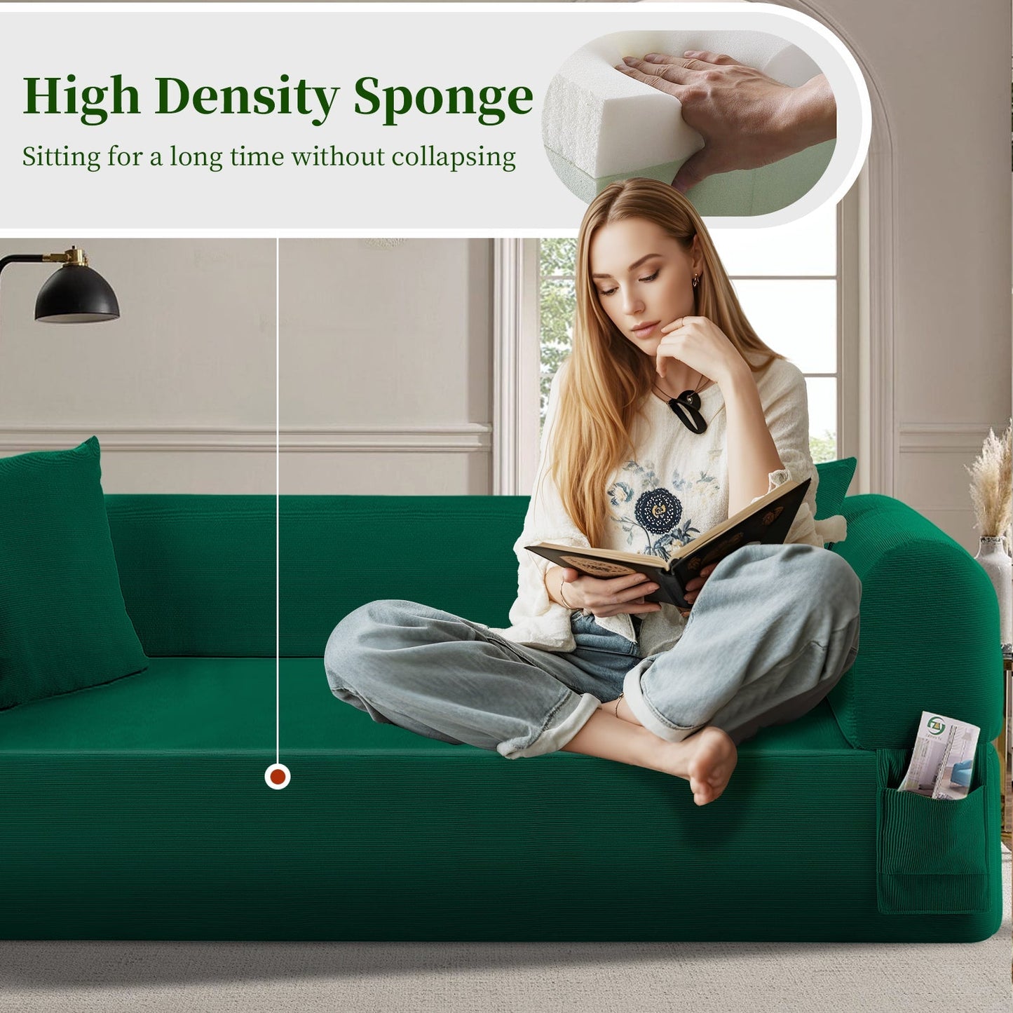 Spring Sofa in green high-quality fabric by HouseOfZazla, person reading on sofa on Tampa Home & Garden Store