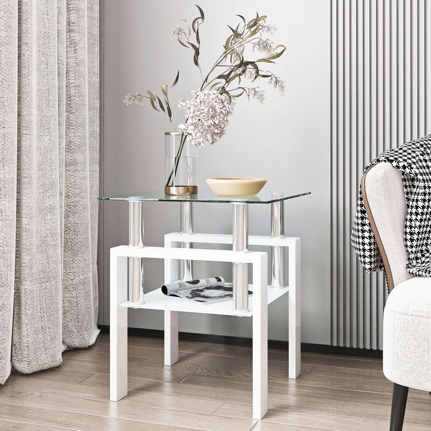 Tempered glass square end table with white frame and chrome legs by Unique Piece Furniture on Tampa Home & Garden Store