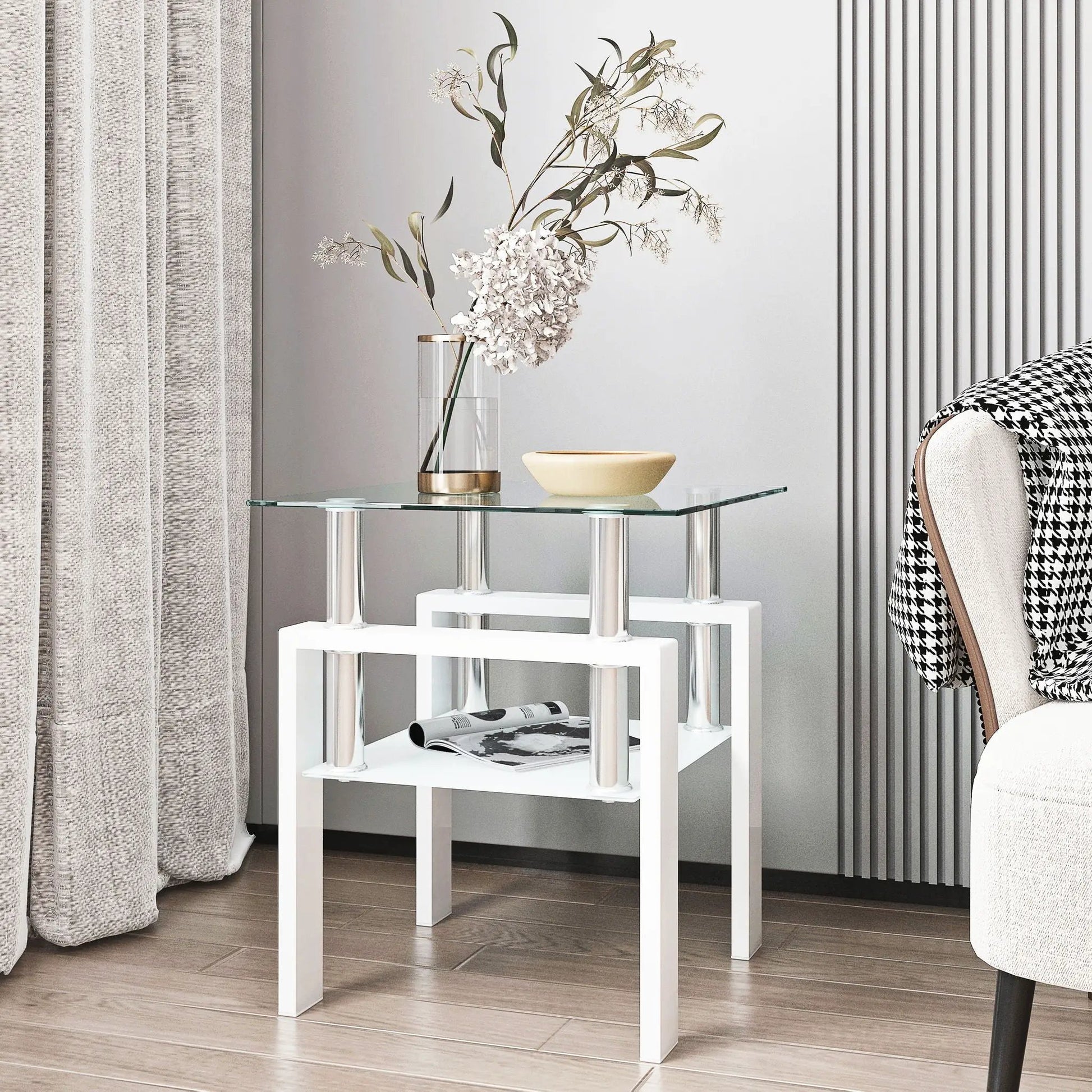 Modern Tempered Glass Tea Table for Living Room with clear top and chrome supports on white frame on Tampa Home & Garden Store