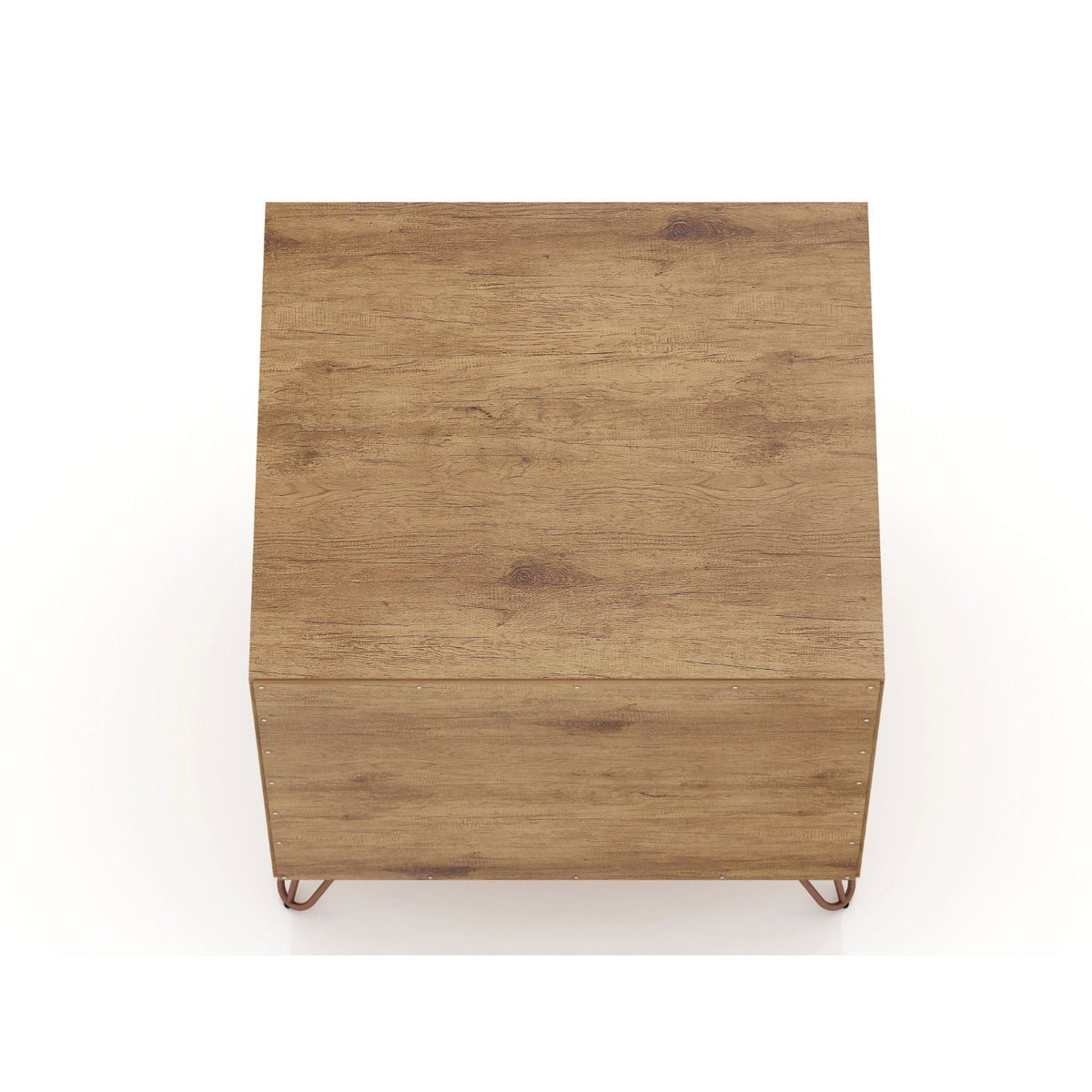 2 Drawer Nightstand in warm oak-brown wood finish with copper-toned metal splayed legs on Tampa Home & Garden Store