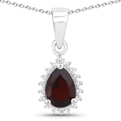 Garnet pear pendant necklace with white topaz halo in .925 sterling silver on chain on Tampa Home & Garden Store