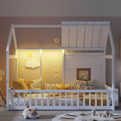 House Floor Bed With 7 Color LED Light Bookshelf