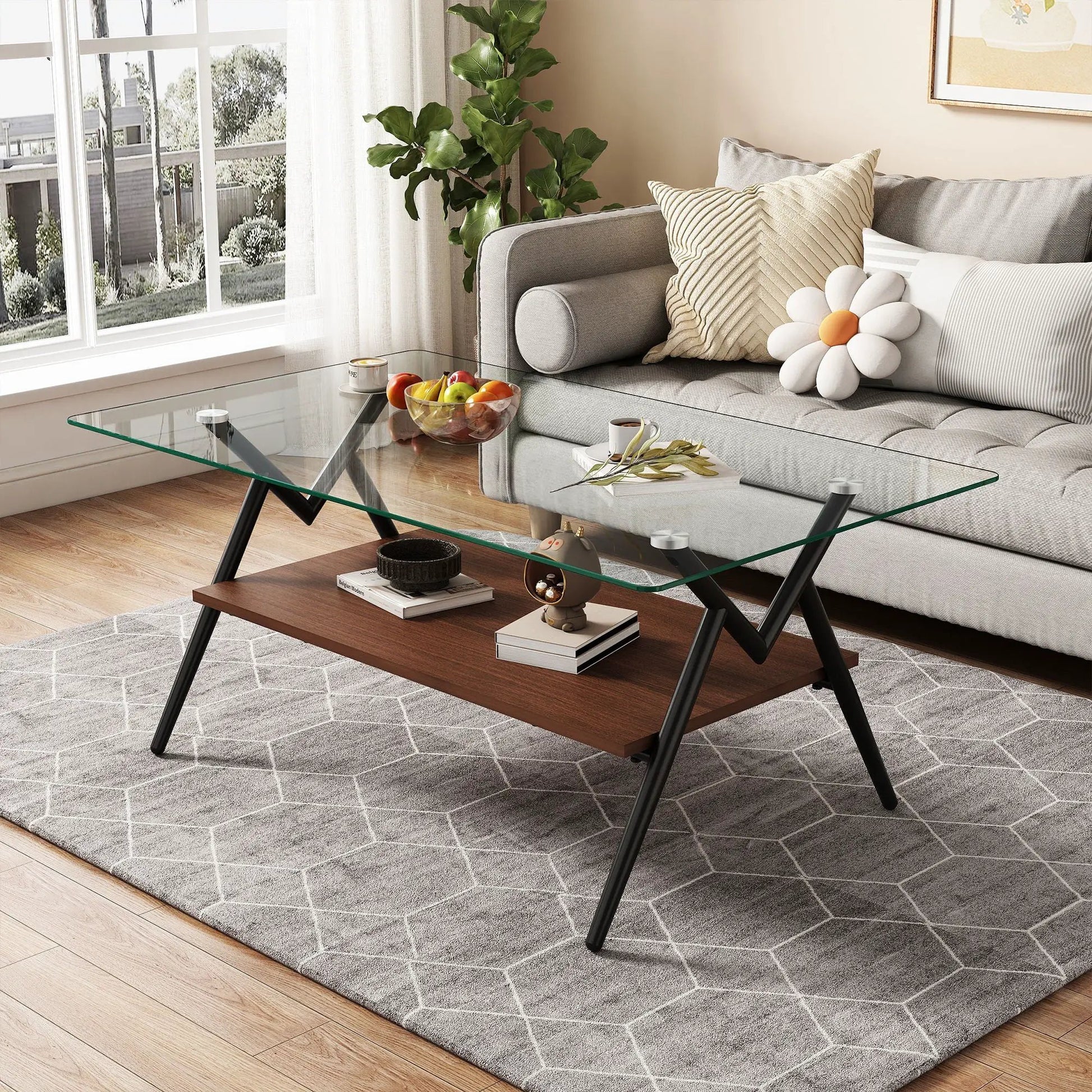 Rectangle coffee table with tempered glass top and wood shelf, black metal legs, Unique Piece Furniture on Tampa Home & Garden Store