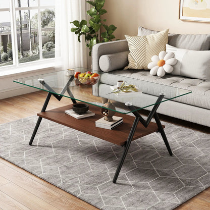 Rectangle coffee table with tempered glass top and wood shelf, black metal legs, Unique Piece Furniture on Tampa Home & Garden Store