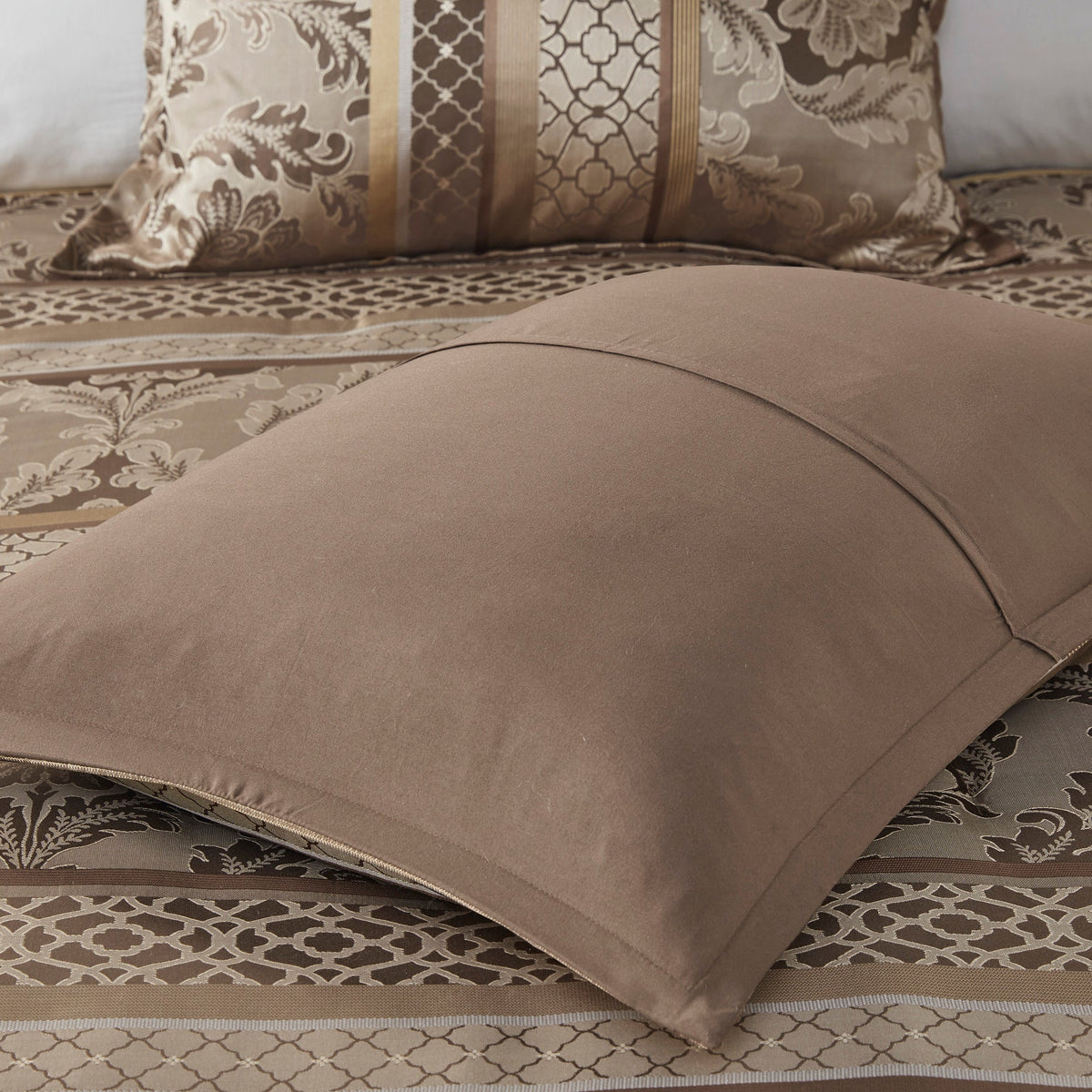 7 Piece Jacquard Comforter Set Brown/Gold Cal King bedding with matching shams on bed on Tampa Home & Garden Store