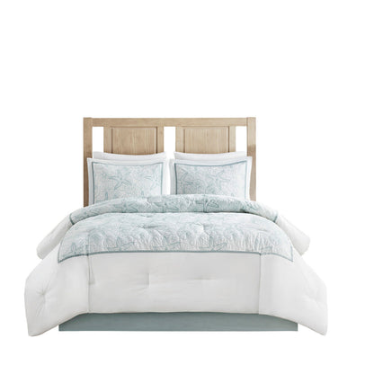 Comforter Set White King featuring pale blue border and patterned quilt on a white bed on Tampa Home & Garden Store