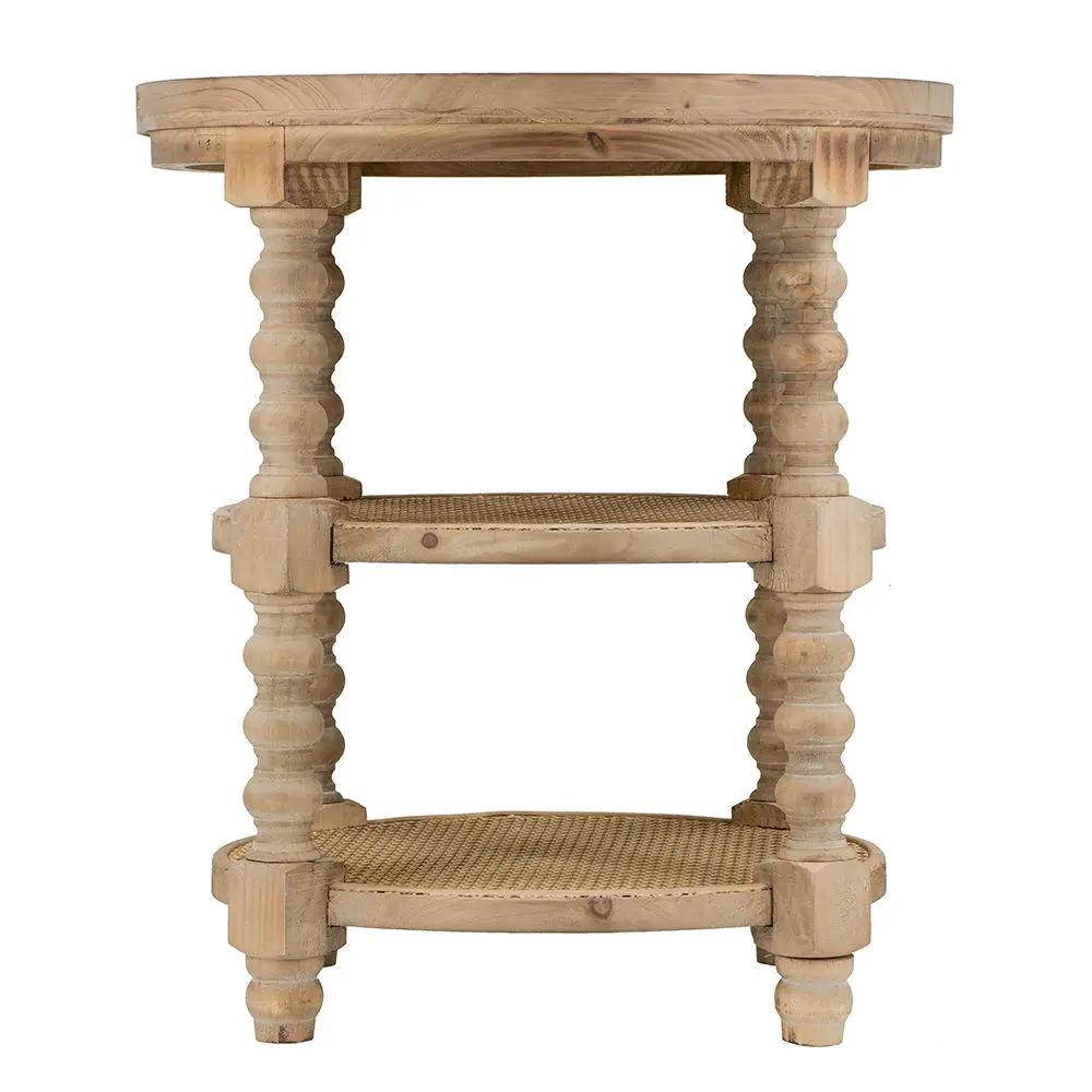 Round 3-tier end table in natural wood with carved spindle legs by Unique Piece Furniture on Tampa Home & Garden Store